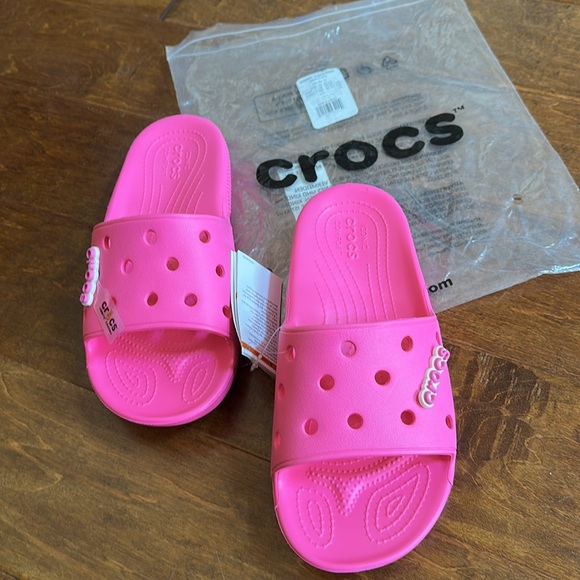 NWT Classic CROCS Slides Sandals Electric Pink M 9 W 11 with Jibbitz Charms - Picture 12 of 12